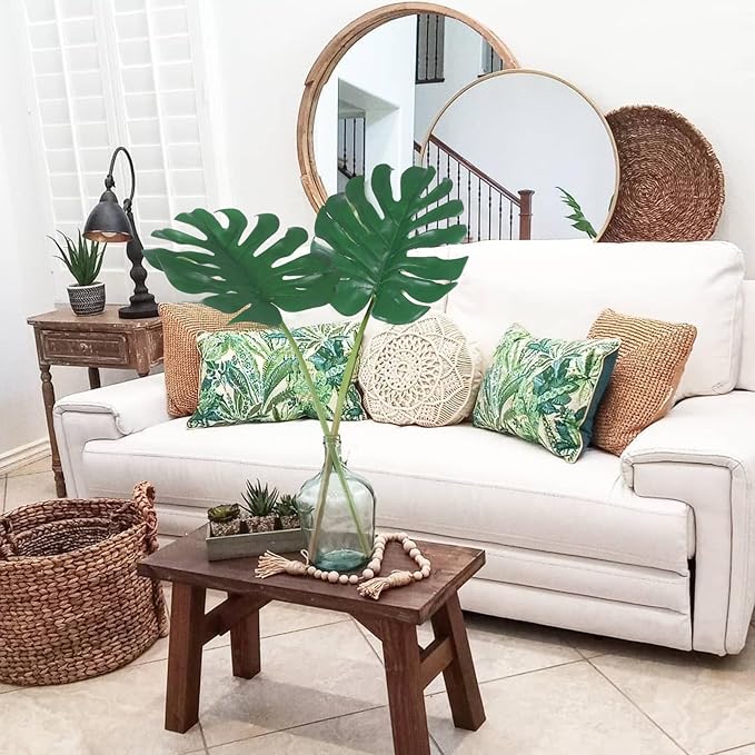 Artificial Monstera Leaves with Long Stem,Fake Tropical Palm Leaves for Hawaiian Luau Jungle Party Home Wedding Decor (4pcs Large)