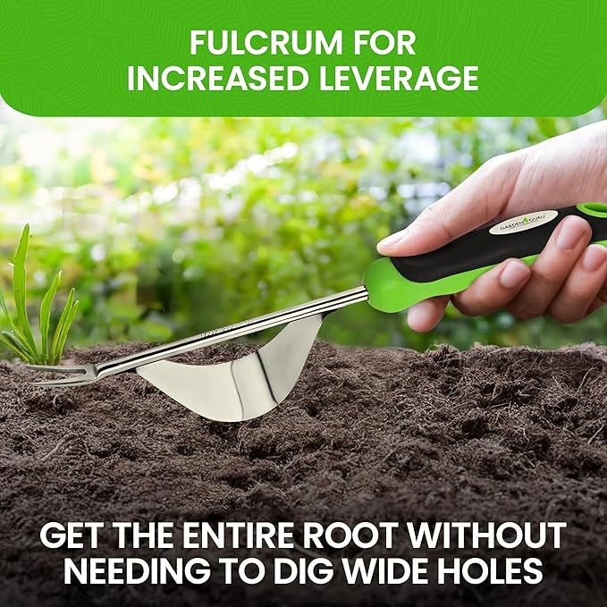 Garden Guru Dandelion Weeder Tool with Fulcrum - Rust Resistant Stainless Steel Weed Puller Weed Puller with Leverage Base, V-Shaped Fork Tip & Ergonomic Handle - for Planting & Weeding