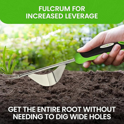 Garden Guru Dandelion Weeder Tool with Fulcrum - Rust Resistant Stainless Steel Weed Puller Weed Puller with Leverage Base, V-Shaped Fork Tip & Ergonomic Handle - for Planting & Weeding