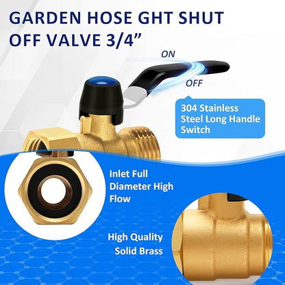 Brass Garden Hose Shut Off Valve with Full-Flow Design – Heavy Duty 3/4" GHT Nozzle Connector, 304 Stainless Steel Handle – 2 PC (Full Flow, Corrosion-Resistant)
