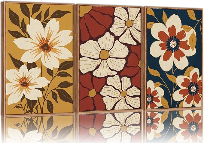 Rantodecor Vintage Floral Framed Canvas Wall Art Set, Mid Century Modern Flowers Wall Decor, Minimalist Retro Botanical Art Paintings, Colorful Neutral Plant for Bedroom Living Room Office 16"x24"x3