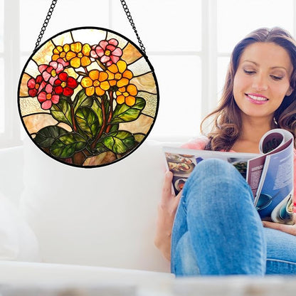 Stained Glass Window Hanging, Yellow Red Flowers Sun Catcher for Window Door Home Decor Green Plant Suncatcher Christmas Mother's Day Birthday Gifts for Women Men Mom and Nana 6.3 in