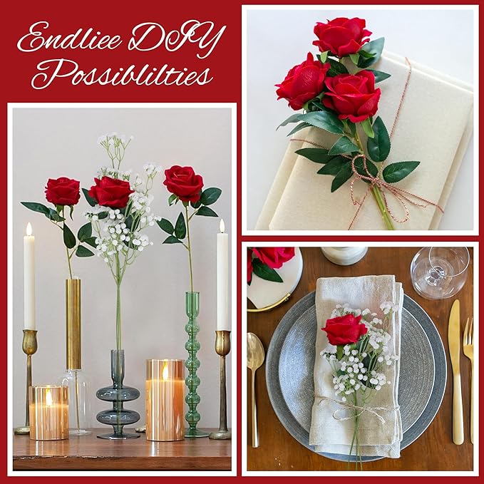 HyeFlora 35 PCS Red Roses Artificial Flowers 15 PCS Fake Baby Breath Realistic Fake Flowers Bouquet with Stem for DIY Wedding Party Home Decoration Vase Tables Centerpieces Arrangements Gift for Her