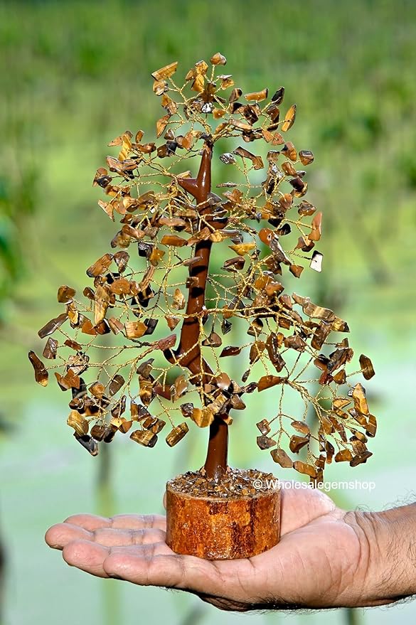GEMSCITE Tiger Eye Crystal Tree with Golden Wire – Handcrafted Feng Shui Gemstone Bonsai for Energy & Protection