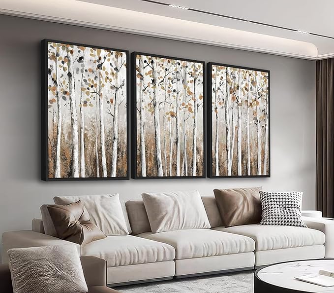 Large Framed Tree Wall Art - Abstract Forest Wall Decor 24"x36" Set of 3 Aesthetic Autumn Birch Painting Prints Modern Brown Plant Canvas Pictures for Living Room Bedroom Office Artwork