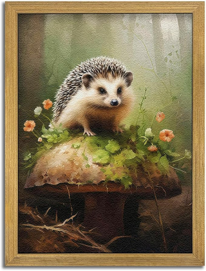 SAMHOU Framed Hedgehog Decor Painting, 3D Textured Hand Drawn Sandstone Wall Art, Vintage Rustic Woodland Cottagecore Wall Decor, Cute Animal Nursery Print Oil Paintings 16''x24''