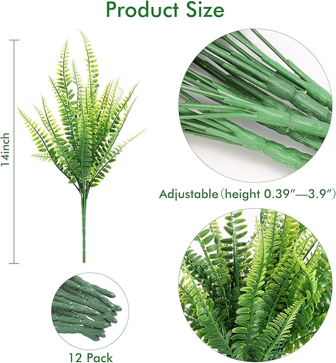 12 Bundles Artificial Plants, Fake Boston Fern Greenery Outdoor UV Resistant No Fade Faux Plastic Plants Garden Porch Window Box Decorating…