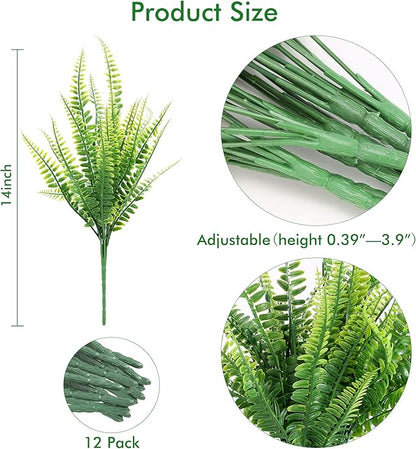 12 Bundles Artificial Plants, Fake Boston Fern Greenery Outdoor UV Resistant No Fade Faux Plastic Plants Garden Porch Window Box Decorating…