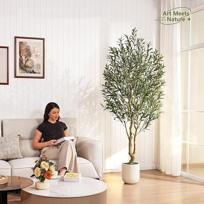 Artificial Olive Tree 7FT Tall, Faux Plants Indoor - Fake Plant with Lifelike Leaves,White Planter - Large Fake Olive Trees for Home Living Room Office Bedroom Floor Decor