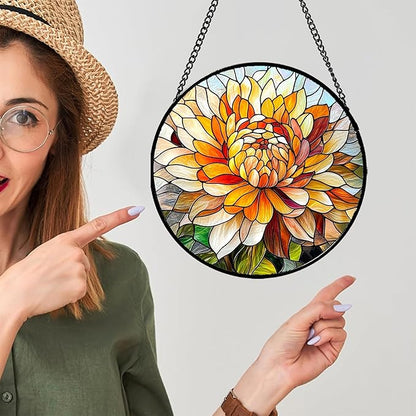 Stained Glass Window Hanging - Chrysanthemum Suncatcher for Doors Garden Patio Birth Flowers Sun Catchers Decor Christmas Mother's Day Birthday Gifts for Women Men Mom Nana Friend 15 in