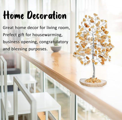Crocon Yellow Aventurine Gemstone Money Tree Agate Slice Base Feng Shui Figurine Reiki Healing Crystals Chakra Balancing Good Luck Ornament Sculpture Mystical Home Decoration Size: 7"" """