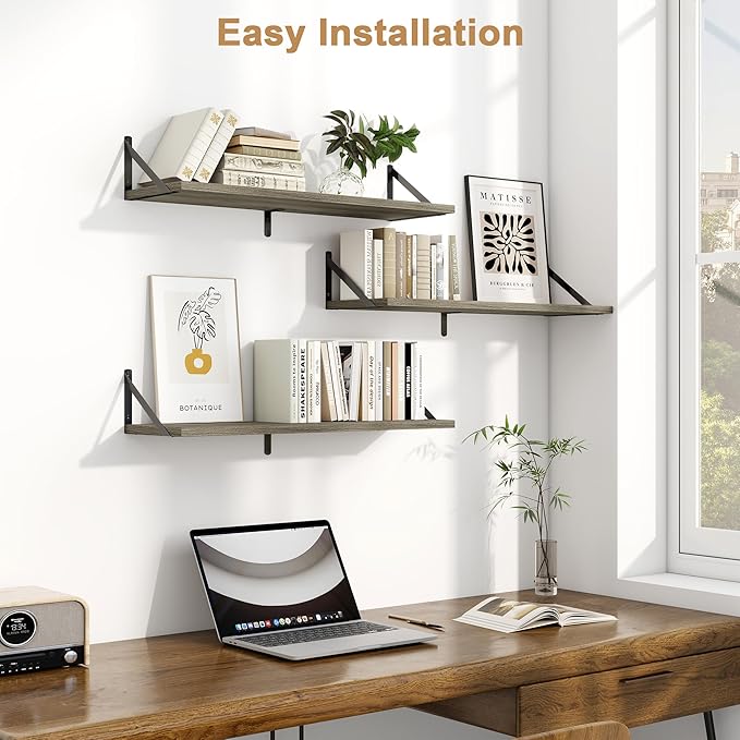 Fun Memories Floating Shelves, 32 x 8 Inches, Set of 3 Wall-Mounted Bookshelves with Metal Brackets, Decorative Storage for Home and Office (Grey)