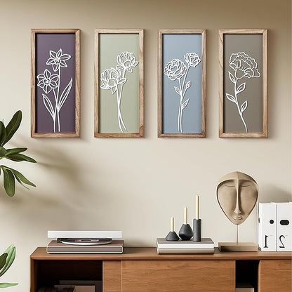 HKBS 3D Wooden Floral Wall Art, Set of 4 Framed Flowers Wall Art Sculptures, Boho Farmhouse Minimalist Decor for Bathroom Bedroom Living Room Kitchen or Office Wall Decorations Housewarming Gifts (Multicolored)