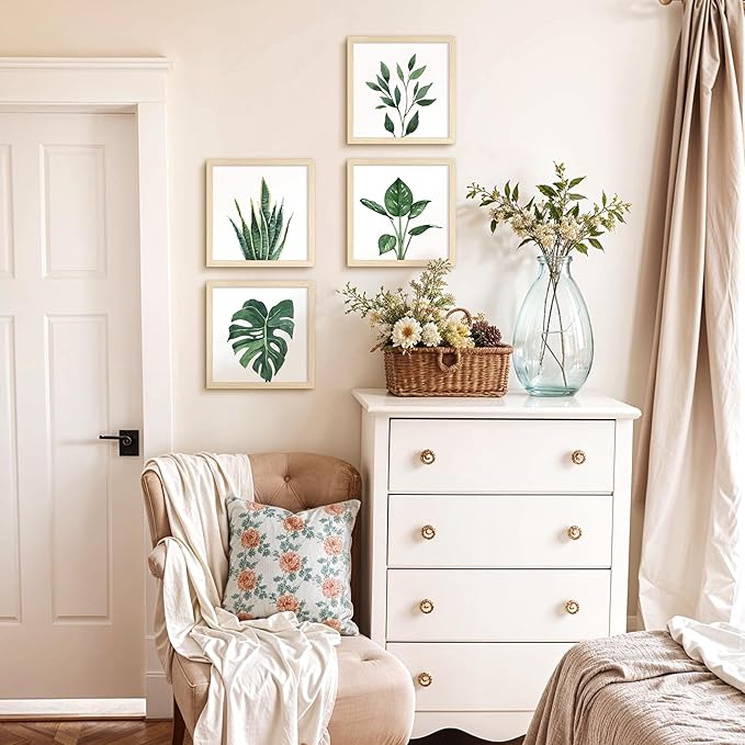 ArtbyHannah Framed Bathroom Wall Decor, 10x10 Inch Botanical Wall Art with Sage Green Plant Print for Wall Decoration, Minimalist Restroom Decor (Natural)