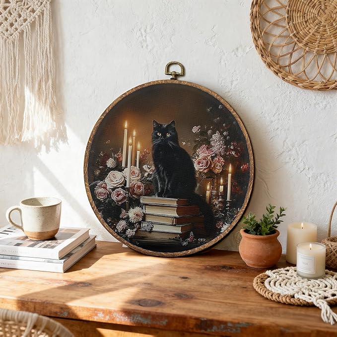 DEQSX Vintage Black Cat Floral Round Wall Art, Rustic Moody Dark Academia Botanical Kitten Floral Wall Decor Canvas Prints Posters for Home Library Reading Room, 10x10 Inches