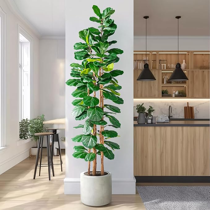 Large Fake Fiddle Leaf fig Trees Tall Artificial ficus Tree Indoor Outdoor Realistic Floor Plant Faux Plastic Plants Flowers for House Home Living Room Office Front Porch Modern Farmhouse Decor