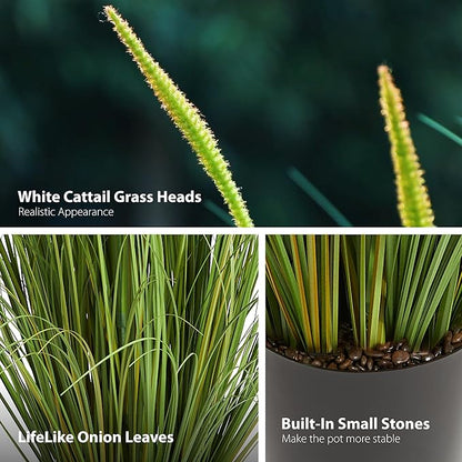 KOL 3ft 2-Pack Artificial Cattail Reed Grass, 35in Artificial Indoor Outdoor Fake Onion Grass Plant, Home Office Decorative Artificial Plants in Pot Faux Plant Greenery, Housewarming Gift, Green