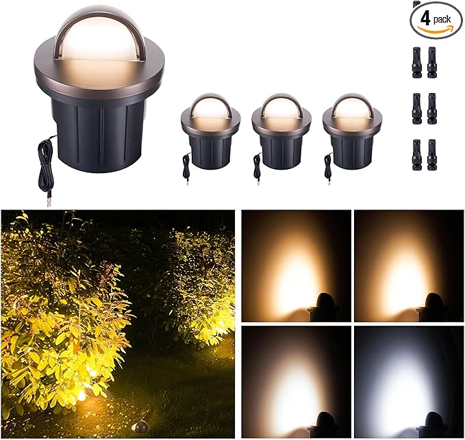 LED Well Light, 5 CCT Selectable (Warm to Cool White) In Ground Landscape Lights Low Voltage Outdoor, 12V IP67 Waterproof, No Glare Wired Aluminum ORB for Path Tree Fence 6W 420LM 4 Pack