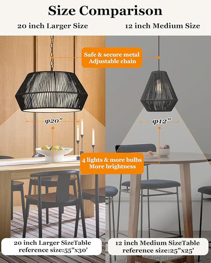 ELYONA 20" Modern Chandeliers for Dining Room, 4-Lights Large Rattan Chandelier Light Fixture with Fabric Shade Adjustable Boho Woven Hanging Pendant Light for Kitchen Island Living Room Bedroom Black