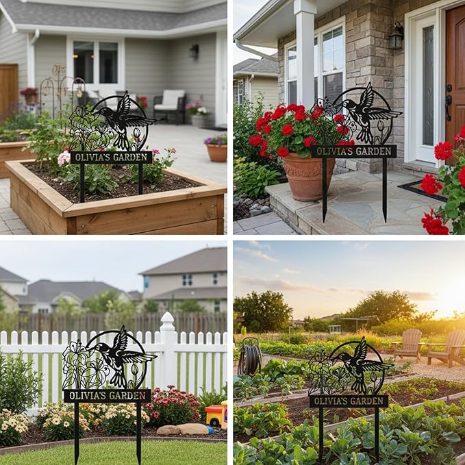 Personalized Metal Garden Stake - Custom Hummingbird & Flower Yard Art - 12"-24" Outdoor Name Sign for Patio, Flower Bed, Backyard Decor - Weatherproof Housewarming or Mother's Day Gift