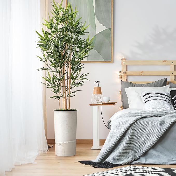 Artificial Tree in Gray Tan Watercolor Abstract Planter, Fake Bamboo Silk Tree for Indoor and Outdoor Home Decoration - 70" Overall Tall (Plant Pot Plus Tree)