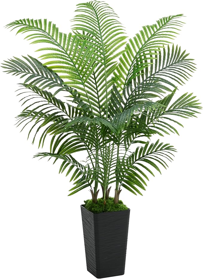 Artificial Palm Tree Indoor, 5FT Fake Floor Plants Large Tropical Silk Plant with Black Square Planter, Faux Areca Palm Plant Artificial Tree in Pot for Home Room Office Outdoor Patio Decor