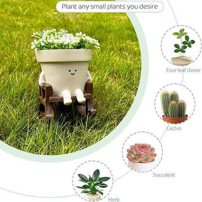 Smily Face Planter Pot, Cute Rocking Chair Plants Pots, Funny Face Planter Pots Head, Indoor and Outdoor Succulent Pot with Drainage Hole, Gifts for Mother, Women, Appreciation, Christmas