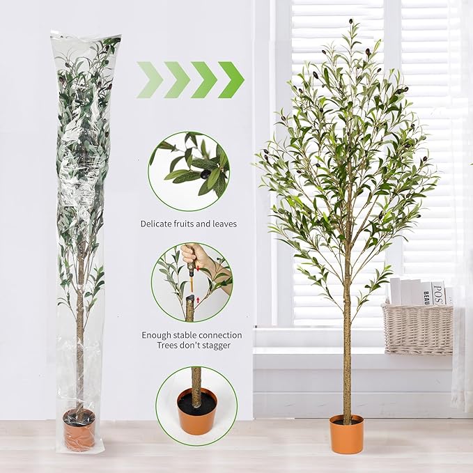 6FT Artificial Olive Tree Indoor Tall Realistic Faux Olive Tree with Plastic Planter, Fake Silk Tree with Handcrafted Branches & Fruits, Large Fake Plant for Home and Office Decor (6FT)