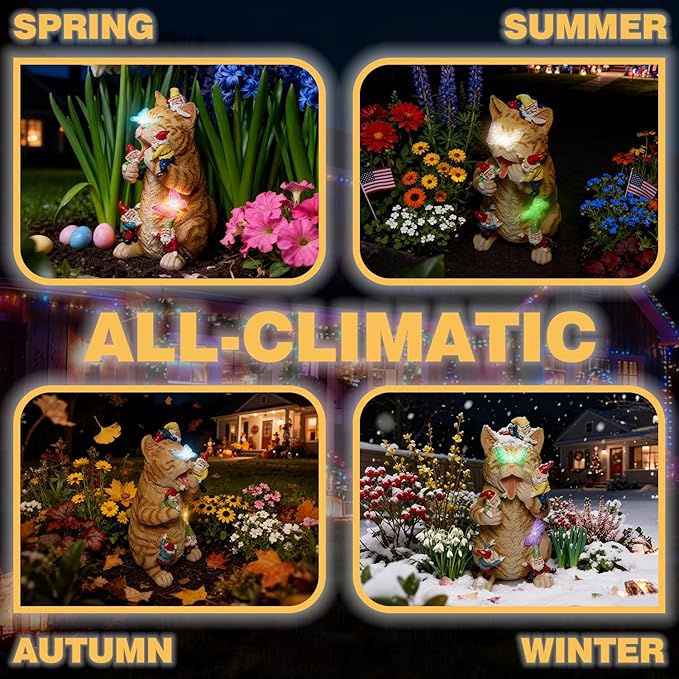 Solar Funny Garden Gnomes Kitty Figurine Colorful Gradent LED Lights Decorations for Yard Sculpture Outdoor Statue