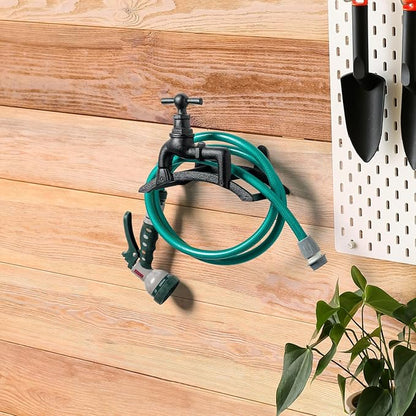 MyGift Wall Mounted Garden Hose Holder, Vintage Black Cast Iron Watering Tube Rack, Decorative Antique Faucet Hanging Hook Water Hosepipe Reel (Spigot Design)