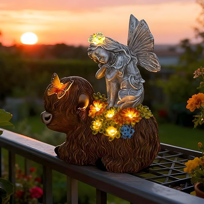 Angel Garden Decor Statue Solar Angel Sitting on Highland Cow Succulent Butterfly Bee LED Lights Outdoor Decorations for Yard Patio Housewarming Gift for Mom Women