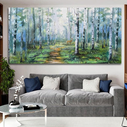 Enartly Birch Tree Wall Art for Living Room, Large Wall Decor Canvas Painting Green Forest Nature Picture Scenery Artwork Textured Framed for Bedroom Hallway Home Office Decoration 48"x24"