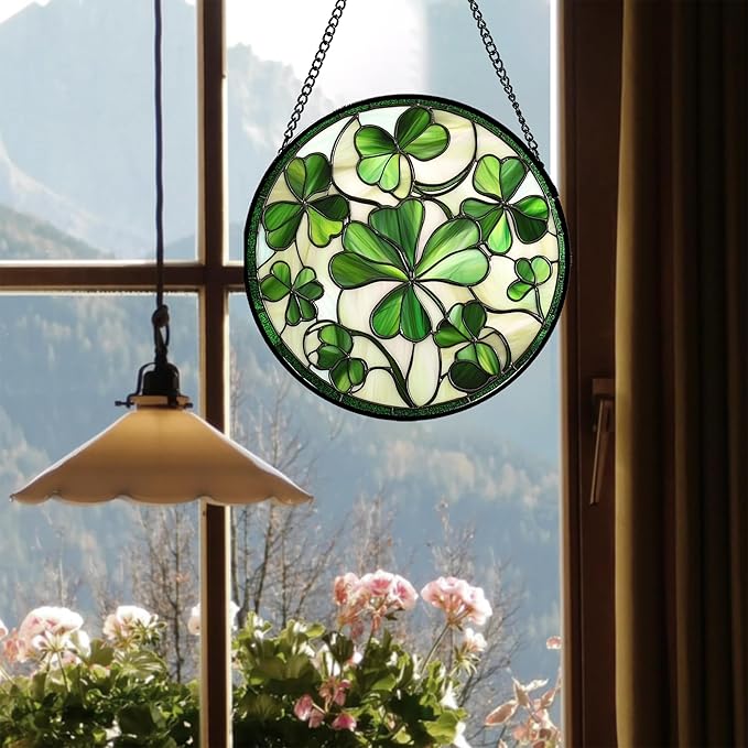 Stained Glass Window Hanging - Ireland Green Lucky Clover Suncatcher for Doors Garden St. Patrick's Day Sun Catchers Decor Mother's Day Birthday for Women Men Mom Nana 6.3 in