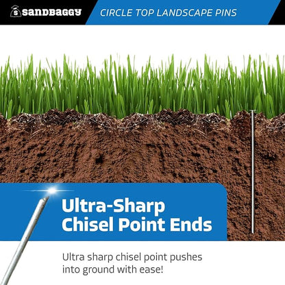 Sandbaggy 12-inch Circle Top Pins - Landscape Staples (Galvanized) - Garden Stakes for Landscaping, SOD - Heavy Duty Ground Stakes, Lawn Turf Spikes, Christmas Decorations, Weed Mats (50 Pins)