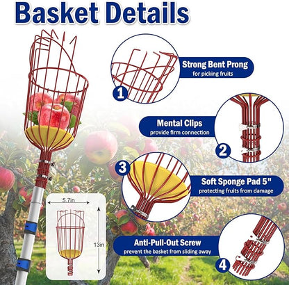 26FT Reach Fruit Picker Pole with Basket Telescoping, 5-20FT Extendable Aluminum Apple Picker for Picking Avocados, Figs, Mangoes, Citrus Fruits - Durable Harvesting Fruit Catcher for Trees
