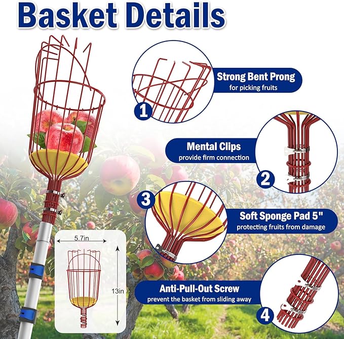 18FT Reach Fruit Picker Pole with Basket Telescoping, 3-12FT Extendable Aluminum Apple Picker for Picking Avocados, Figs, Mangoes, Citrus Fruits - Durable Harvesting Fruit Catcher for Trees