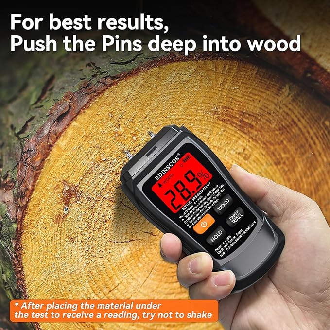 RDINSCOS Moisture Meter for Wood, Drywall, and Building Materials – Digital Moisture Detector with Fixed Pins, 4 Material Modes, LCD Display, for Home Inspection and Firewood Testing