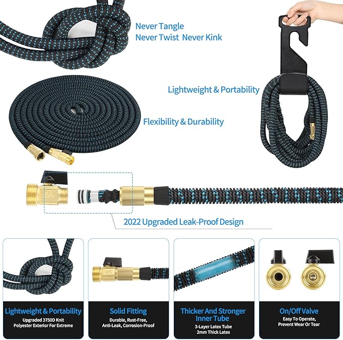 100 ft Expandable Garden Hose - 2025 Upgrated Flexible Water Hoses with 10 Spray Nozzle -Car Wash Hose with 3/4" Solid Brass Connector - Flexible Expanding Hose with 10 Pattern Spray Nozzles