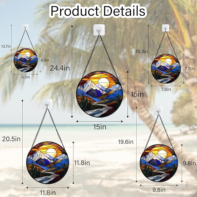 Stained Glass Window Hanging, Yellow Blue Sunset Mountains Scenery Sun Catcher for Window Home Decor Landscape Suncatcher Mother's Day Birthday Gifts for Women Men Mom and Nana 7.8 in