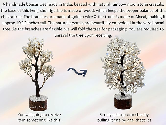 Rainbow Moonstone Natural Healing Premium Crystal Bonsai Feng Shui Fortune Money Tree of Life for Home Office Decor (Gift Box Ready,10-12 Inch)