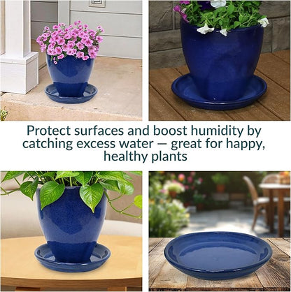 Sunnydaze 9-Inch Ceramic Plant Saucers - Plant Drip Trays for Outdoor Planter Flowerpot Drainage - Set of 4 - Imperial Blue