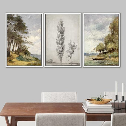 Ashbrook Framed Canvas Print Wall Art Set Forest Tree Lake Nature Wilderness Illustrations Fine Art Decorative Floral Botanical Garden Vintage for Living Room, Bedroom, Office - 24"x36"x3 White