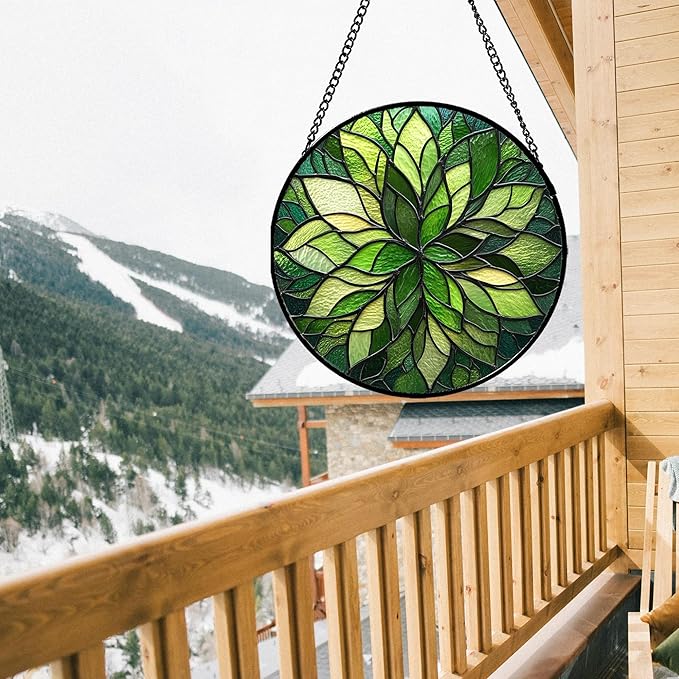 Stained Glass Window Hanging - Green Gradient Flowers Suncatcher for Doors Window Home Plant Sun Catchers Decor Christmas Mother's Day Birthday Gifts for Teacher Women Men Mom Nana 9.8 in