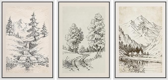 Ashbrook Framed Canvas Print Wall Art Set Vintage Country Forest Landscapes Nature Wilderness Illustrations Fine Art Floral Botanical Minimal Calm/Relax/Cozy for Bedroom - 16"x24"x3 WHITE
