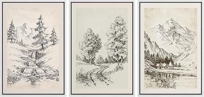 Ashbrook Framed Canvas Print Wall Art Set Vintage Country Forest Landscapes Nature Wilderness Illustrations Fine Art Floral Botanical Minimal Calm/Relax/Cozy for Bedroom - 16"x24"x3 WHITE
