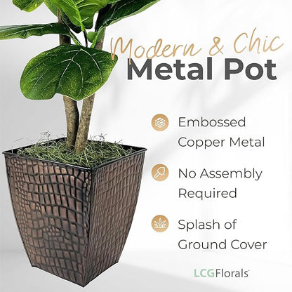 3.2ft Artificial Fiddle Leaf Fig Tree - Real Wood Trunk, Preassembled, No Maintenance Indoor Faux Plant in Copper Metal Pot - Living Room, Home & Office Decor