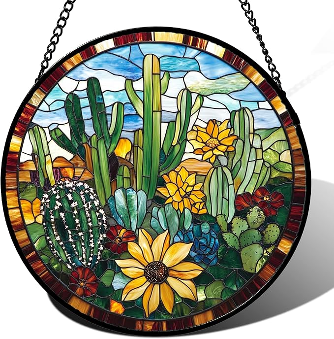 Stained Glass Window Hanging Green Cactus with Yellow Flowers 9.8" - Suncatcher Door Garden Sun Catcher Home Decor Birthday Christmas for Mom Men Woman Friend Nana