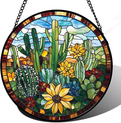 Stained Glass Window Hanging Green Cactus with Yellow Flowers 7.8" - Suncatcher Door Garden Sun Catcher Home Decor Birthday Christmas for Mom Men Woman Friend Nana