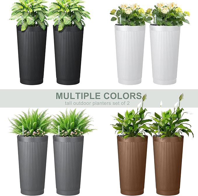 Set of 2 Large Planter Outdoor Self Watering Pots for Indoor Plants, 24" Tall Planters with Drainage Hole for Patio, Garden (Brown Ribbed)