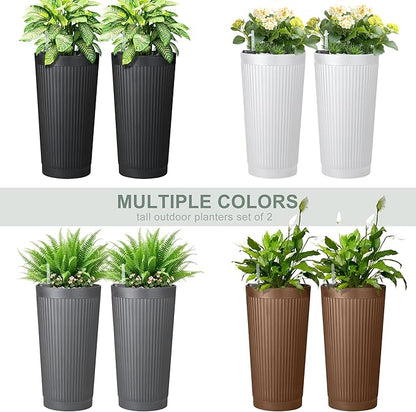Set of 2 Large Planter Outdoor Self Watering Pots for Indoor Plants, 24" Tall Planters with Drainage Hole for Patio, Garden (Brown Ribbed)
